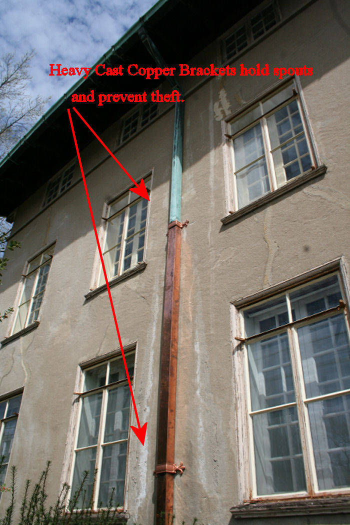 heavy copper downspout brackets prevent theft